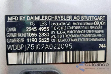 2002 Mercedes-Benz Cl 500 из США, поврежденный, VIN WDBPJ75J02A022095